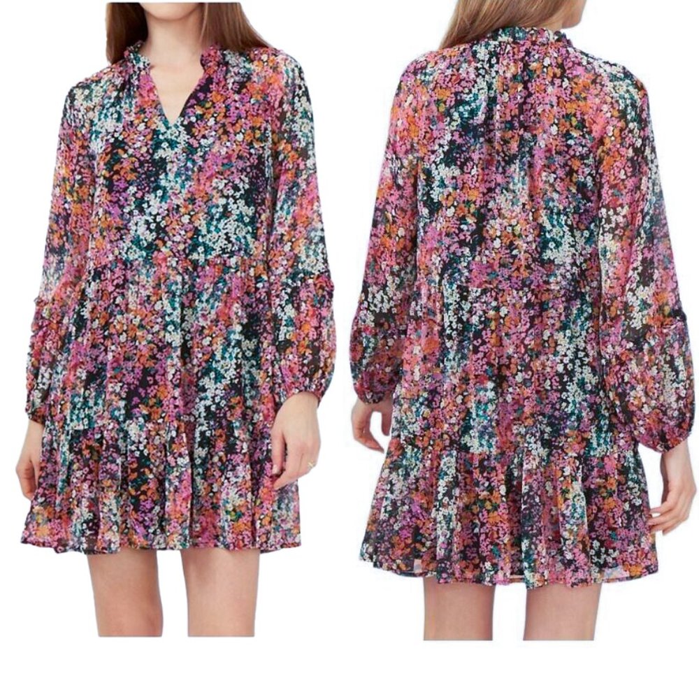 Vince Camuto Floral Boho Dress Long Sleeves V-Neck Knee Length Size L